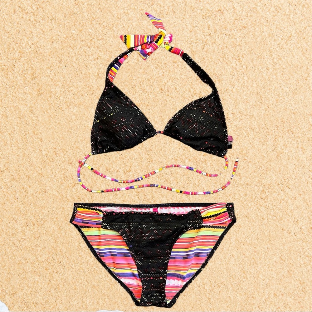 OP Bikini Swimsuit Black Crochet Laser Cut Rainbow Stripe M Medium